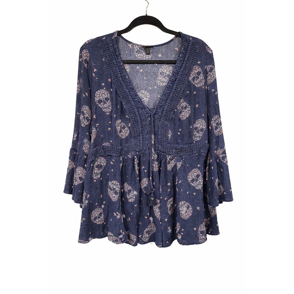 Torrid Size 3 Floral Skull Lace-Up Babydoll Gauze Top Boho Goth Whimsigoth